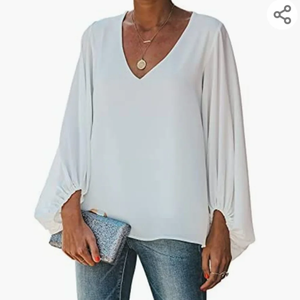 Women's Casual Sweet & Cute Loose Shirt Balloon Sleeve V-Neck Blouse Top - Picture 2 of 6